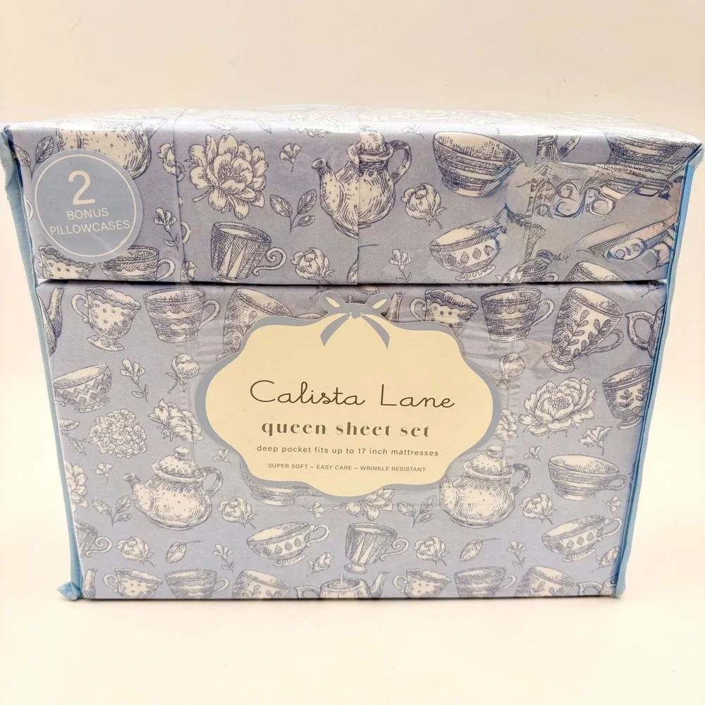 Calista Lane Queen Sheet Set 6pc Tea Rose Garden Blue Floral Toile Deep Pocket